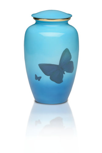 New Classic Brass Cremation Urn in Blue with Butterflies
