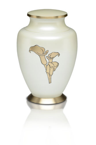 Brass Cremation Urn in White with Golden Calla Lilies