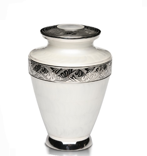 Brass Cremation Urn in White with Brass Band Adult
