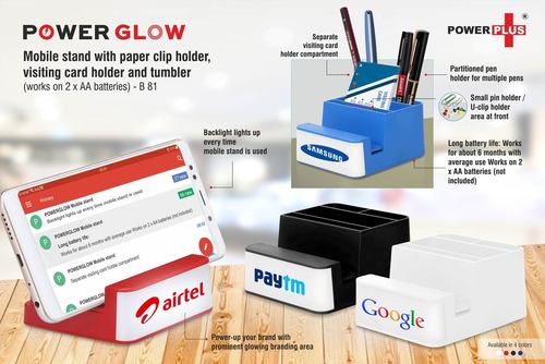 B81 - POWERGLOW MOBILE STAND WITH PAPER CLIP HOLDER VISITING CARD HOLDER AND TUMBLER (WORKS ON 2 X AA BATTERIES)