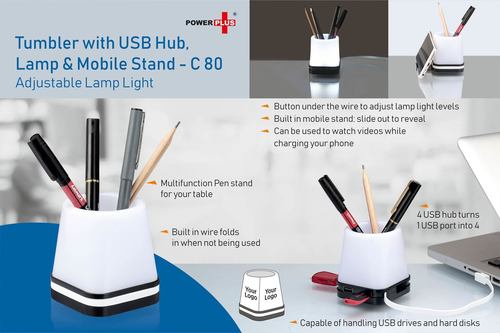 C80 - USB Hub with Integrated Mobile Stand and Adjustable Lamp - 8.2x7.3x7.1 cm Design, Mobile Charging Capability, Branding Glow Effect