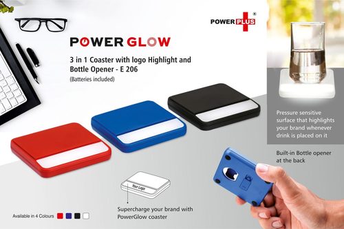 E206 - POWERGLOW 3 IN 1 COASTER WITH LOGO HIGHLIGHT AND BOTTLE OPENER