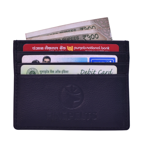 Leather Card Holder - Leather, 6 Card Slots, Blue | Durable Stitching, Cash Pocket, Easy to Clean, Sleek Design for Organized Storage