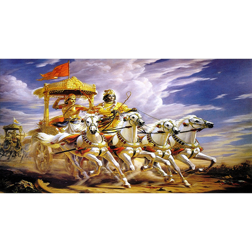 Mahabharat Arjun Rath Painting - 20x14 Inch Water Color, Wooden Brown Framed Traditional Design on Canvas