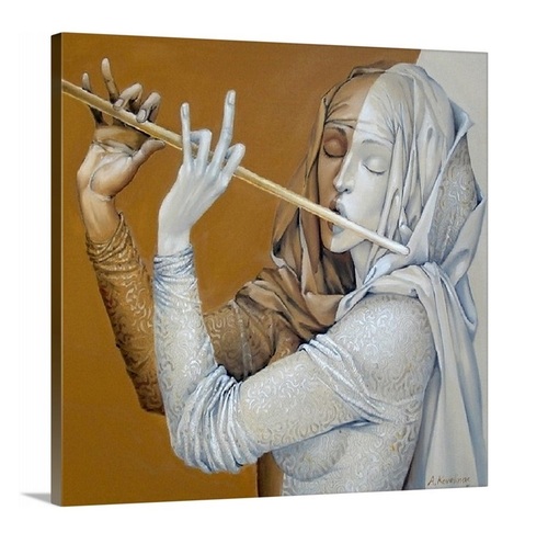 Wooden Brown Lady With Flute Painting Square
