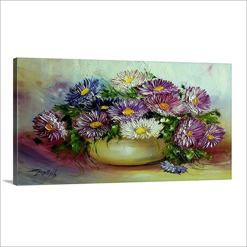 Beautiful Flower Pot Painting - Watercolor on Canvas, 20x14 Inch with Wooden Brown Frame, Traditional Style