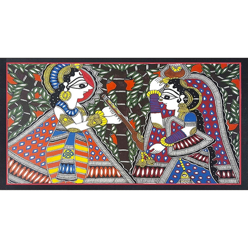 Madhubani Painting - Water Color on Canvas, 20x14 Inch with Wooden Brown Frame | Traditional Indian Artwork