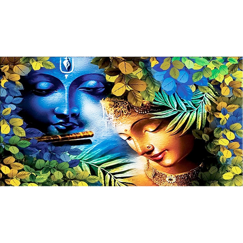 Blue Golden Radha Krishna Painting - Wooden Frame, 20x14 Inch Size, Traditional Style | Watercolor on Canvas, Elegant Wooden Brown Frame