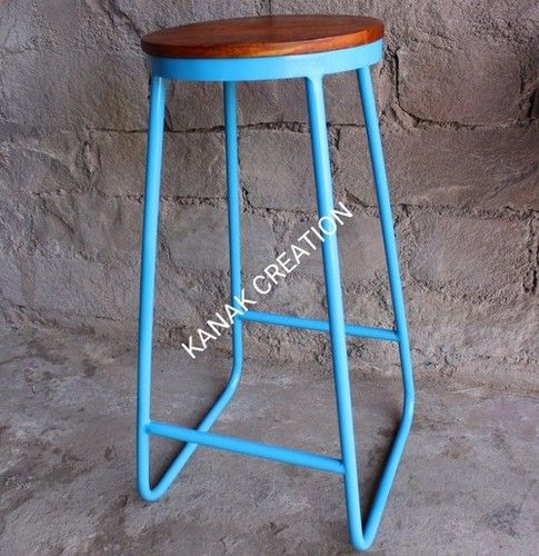 Handmade Wooden Top With Iron Blue Legs Bar Stool