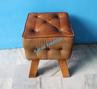 LUXURY AGED LIGHT BROWN LEATHER FOOTSTOOL WITH WOODEN LEGS