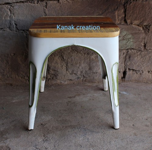 Handmade White Low Metal Industrial Bar Stool With Seat Wood Top