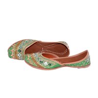 Designer Mirror Work Green Color Punjabi Jutti Heel Size: Flat