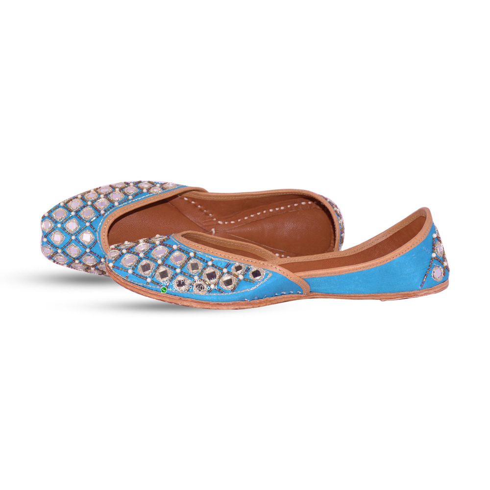 Ethnic Leather Blue Color Mirror Work Punjabi Jutti For Woman Heel Size: Flat