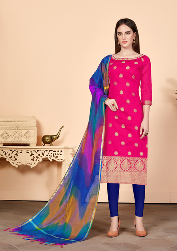 Women'S Pink Banarasi Cotton Dress Material Having Banarasi Dupatta With Tassels Decoration Material: Beads