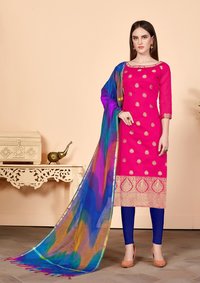 Women's Pink Banarasi Cotton Dress Material Having Banarasi Dupatta With Tassels Decoration Material: Beads