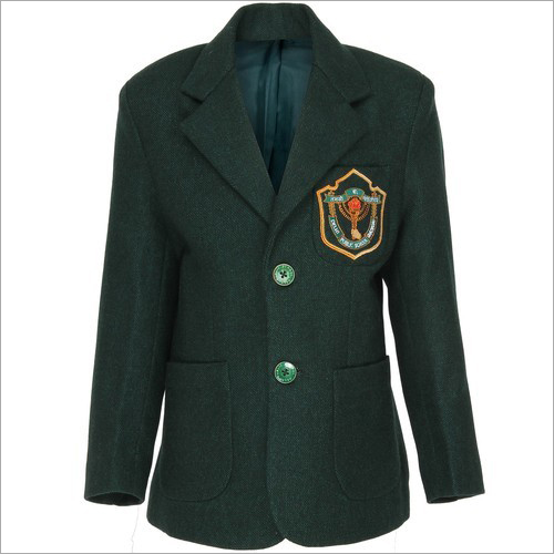 School Blazer - Wool Fabric, Sizes: Small/Medium/Large, Green Color with Embroidered Badge | Unisex, Long Sleeve, Two Front Pockets, Washable, Dry Cleanable