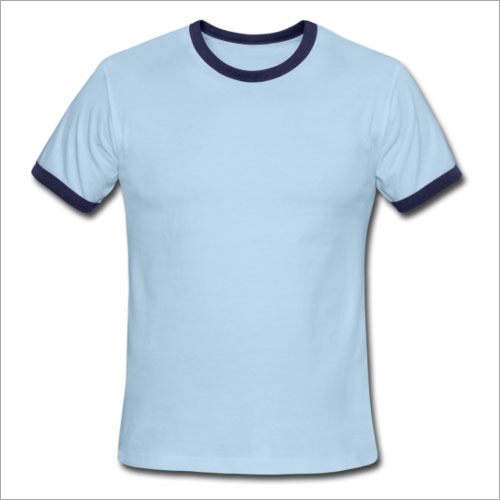 Casual T-Shirt - Cotton, Sizes: S, M, L, XL | Light Blue Colour with Dark Blue Strap, O-Neck, Short Sleeves, Skin-Friendly & Shrink-Proof