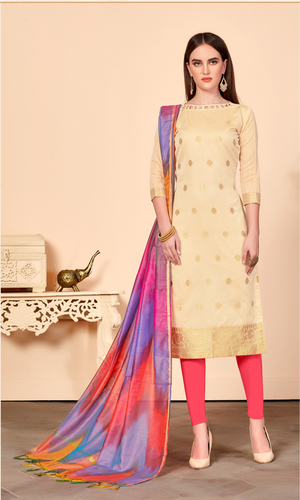Cream And Pink Women'S Beige Banarasi Cotton Dress Material Having Banarasi Dupatta With Tassels