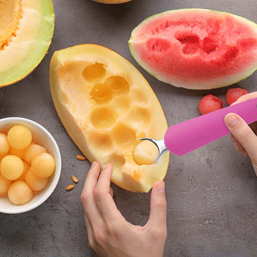 Imporio Melon Baller - Stainless Steel, Customized Size, Silver & Pink | Compact Design, Rust Proof, Polished Surface Finish, Ideal for Household & Hotel Use