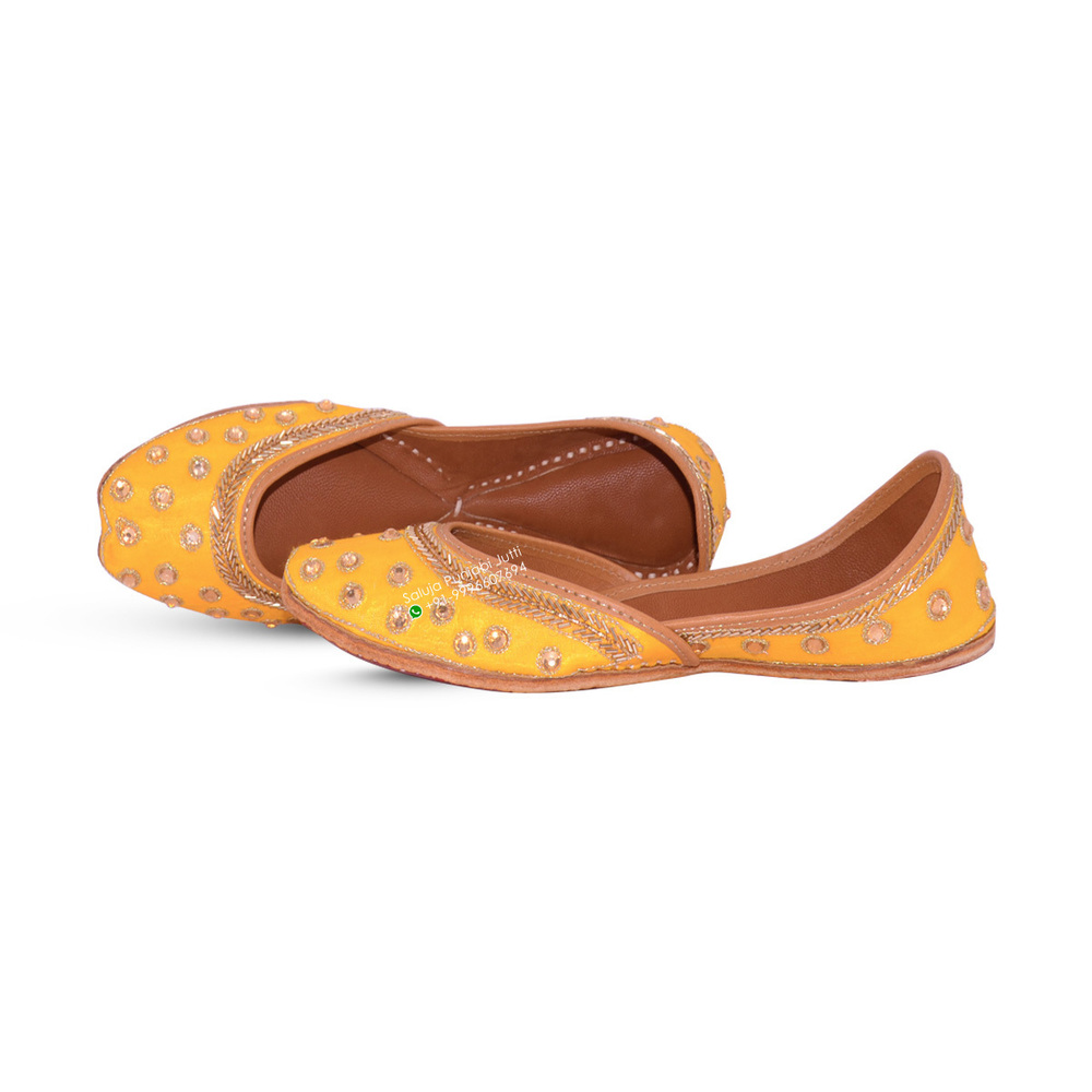 Yellow Kundan Embroidered Punjabi Jutti Heel Size: Flat