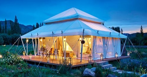 Mughal Resort Tent - Metal Frame, Single Layer, White Color | 5+ Person Capacity, Customizable Design Options, Woven Technique, Plain Style, Ideal for Camping