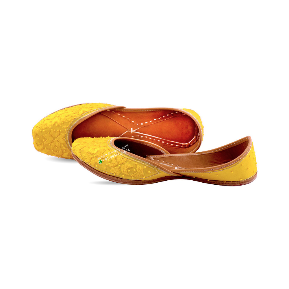 Soft Leather Punjabi Jutti - Flat Heel, Size 36-41 | Yellow Color, Extra Padding for Comfort, Custom Designs Available