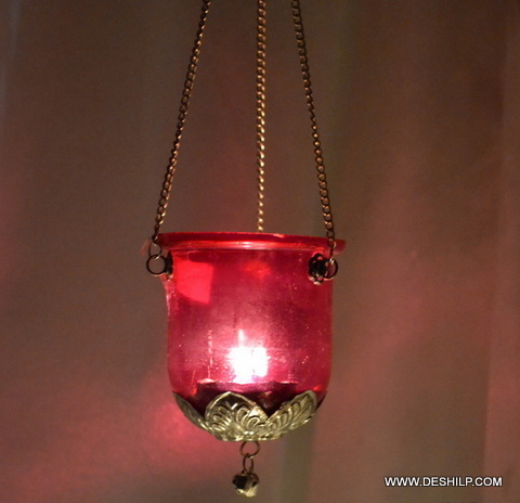 Pink Glass T Light Candle Hanging