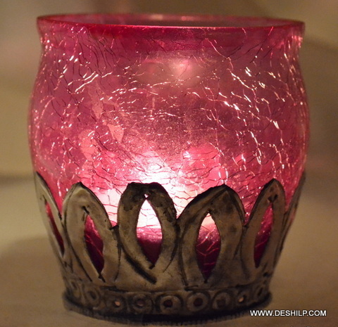 PINK GLASS HOME DECOR METAL FIT CANDLE HOLDER