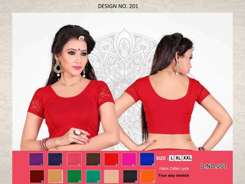 Red Pink Blue Brown Maroon Voilet Green Gold Black Orange Peach Cotton Lycra Blouse With Net Sleeves