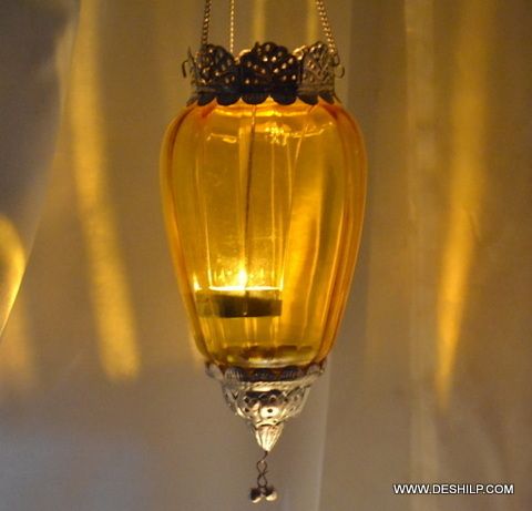Yellow Glass T Light Hanging Candle Votive