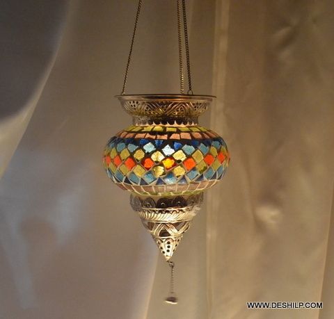 Multi Mosaic Glass T Light Hanging