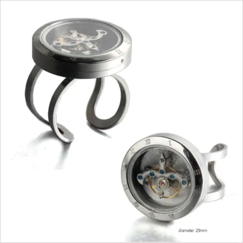 Rotating movement glass cover screw opened Punk size adjustable stainless steel ring