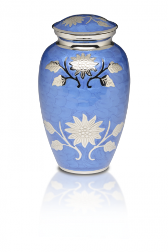 New  Cornflower Blue Brass Cremation Urn with Flowers