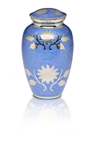 New  Cornflower Blue Brass Cremation Urn with Flowers