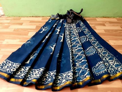 Pure Cotton Malmal Block Printed Saree With Golden Zari Bordar