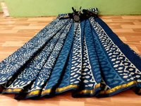 Indigo Print Hand Block Print Cotton Malmal Saree