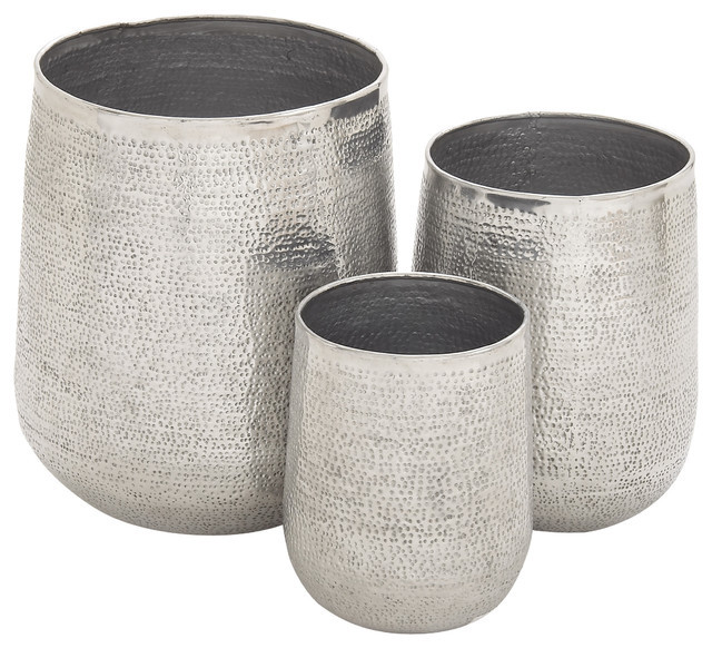 Aluminum Planter Set Of 3 - Small, Medium, Large Silver, Round, Hand-Built | Indoor Outdoor Garden Decoration