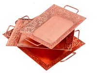 Home Decorative Indian Handmade Iron Copper Tray Set - Copper, 3 Sizes (big: 17x12x3 Inches, Mid: 16x11x2.5 Inches, Small: 15x10x2 Inches) | Modern Rectangle Indoor Style