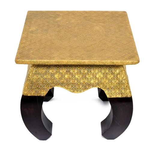 Wood Home Decor Crafted Wooden Brass Fitted Curved Legs Stool