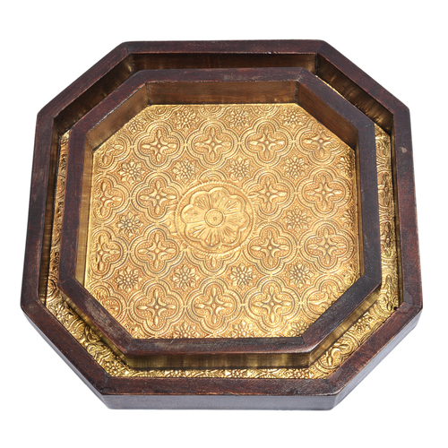 Brown Home Decor Indian Handmade Wooden Brass Fitted 8 Corner Tray Set