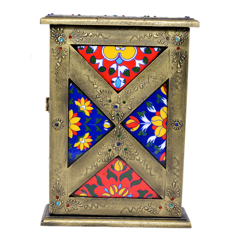 Multi Color Home Decor Crafted Wooden Iron Brass Fitted Painted Tile Box