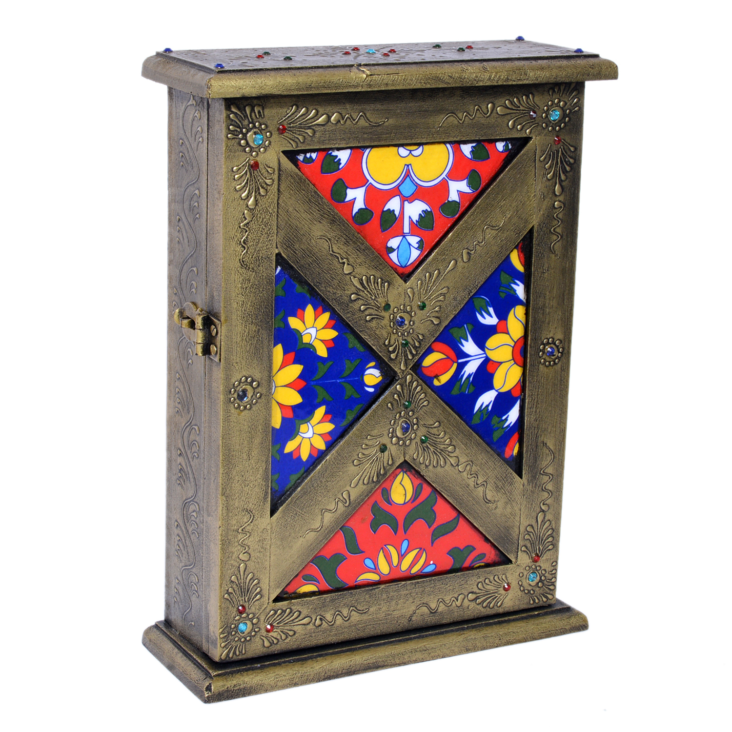 Home Decor Crafted Wooden Iron Brass Fitted Painted Tile Box