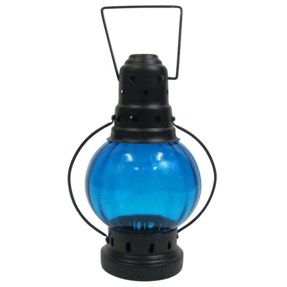 Round Iron Candle Lantern With Blue Glass
