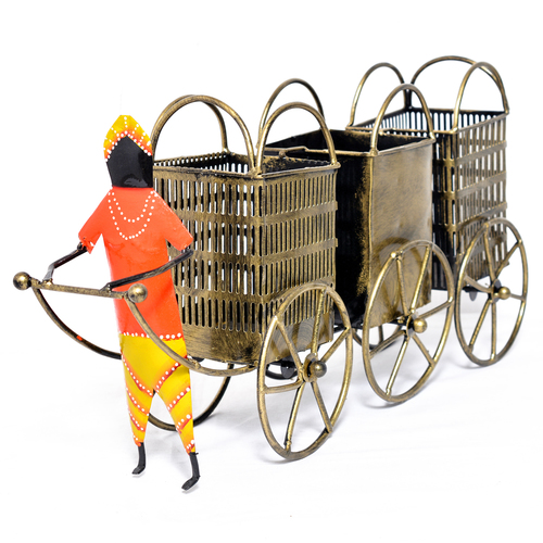 Iron Painted Man Pulling Cart 3 Wine Bottle Stand