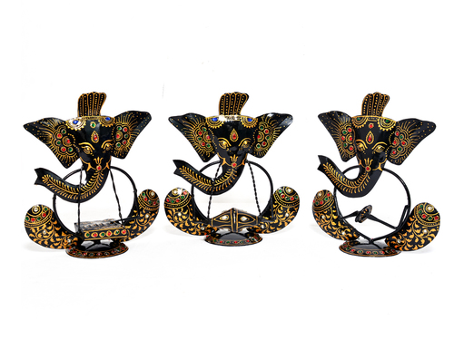 Iron Painted Ganesha Musician Set Of 3 Statue