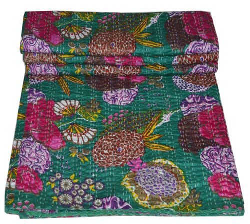 Green Hippie Indian Fruit Print Kantha Quilts Handmade Bedspread