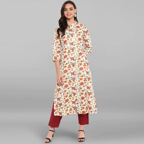 Ladies Cotton Kurtis - Cotton, L to XXXL Size, Cream Color, 3/4 Sleeves | Casual Style, Dry Cleaning Feature, Floral Print Design