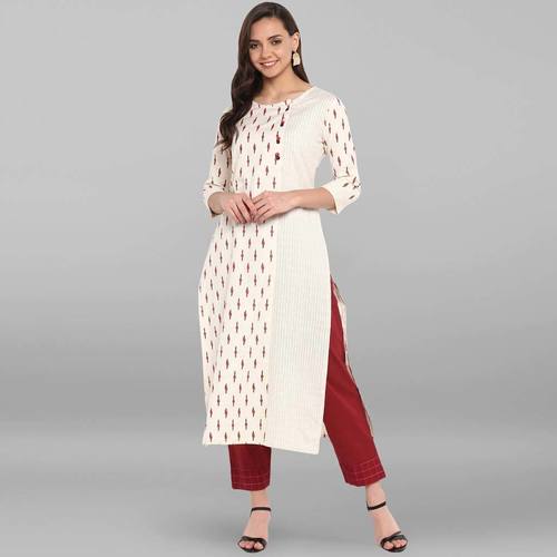 Casual Ladies Cotton Kurti - Cotton, Sizes S-XXXL, Cream Color, 3/4 Sleeves, Suitable for Rainy, Spring, and Summer Seasons | Dry Clean Only