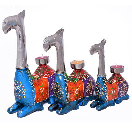 Blue Home Decorative Iron With Wooden Painted Setting Camel Tea Light Set