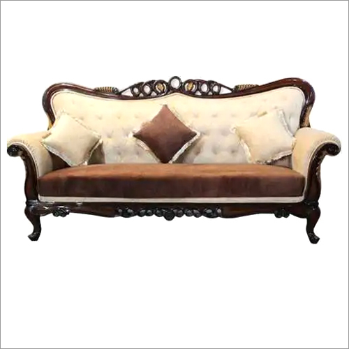 Royal Furnished Three Seater Sofa - Solid Wood & Fiberglass, Cream and Brown | Handmade Artwork, Rugged Durability, Eco-Friendly Design, 12 Months Warranty